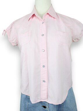 Adobe Rose Pink Gingham Western Cottage Snap Button Blouse Puff Sleeve XS/S